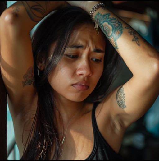 Brown circles under armpit female showing armpits with worried face