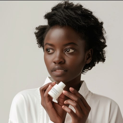 Dark Skinned Women holding a bottle of glycolic acid for underarm treatment