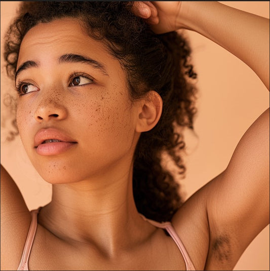 Young female, dark skin, considering armpit whitening options, having her underarm lifted looking far away